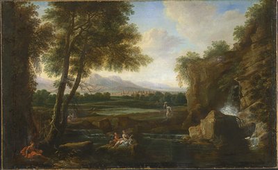 Classical Landscape with Small Waterfall and Village by Francesco Zuccarelli